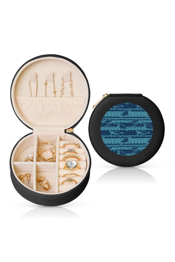 Turtles and Waves Round Jewelry Box, Travel Jewelry Organizer, 3.9 x 3.9 x 2in Jewelry Storage Box for Women-Black