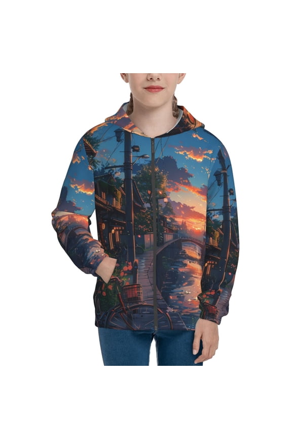 Twilight Canal Reflection Teenage Zipper Hoodie, Long Sleeve Zip Up Hoodies Casual Jackets Tops for 7-12 Years-