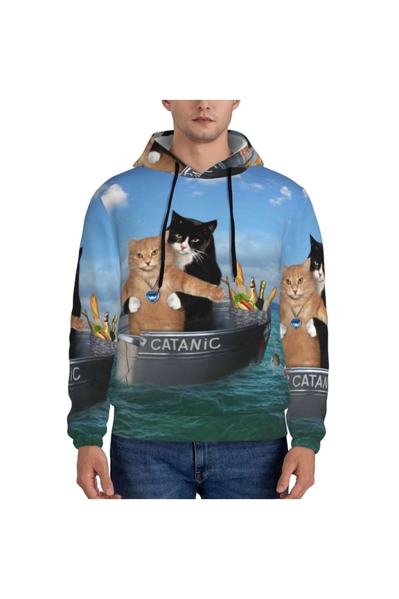 Two Brave Cats Are Floating On The Sea Iceberg Men's Casual Hooded Collar Drawstring Hoodies Pullover Sweatshirts Casual Long Sleeve Shirts-3X-Large