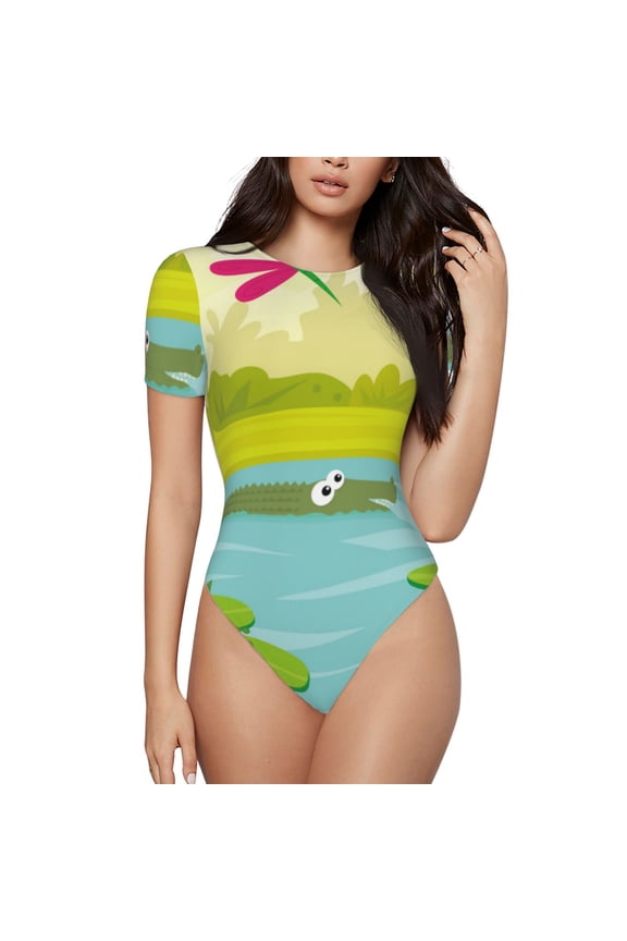 Two Frogs Are Sitting On Water Lilies Bodysuits for Women, Women's Short-Sleeved Onesie, One-Piece for Parties, dates, clubs-Small