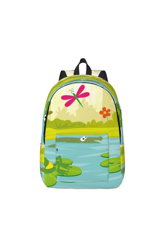 Two Frogs Are Sitting On Water Lilies Canvas Backpack for Men Women Rucksack Casual Travel Daypack College Tote Satchel Bookbag for Teens-Medium