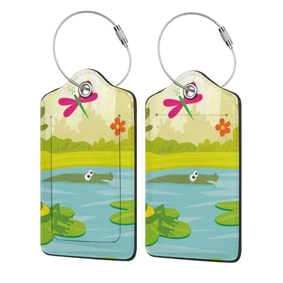 Naloa Two Frogs Are Sitting On Water Lilies Luggage Tag for Suitcase Leather Baggage Tag with Stainless Steel Loop Privacy Cover for Women Men Girls-2 PCS