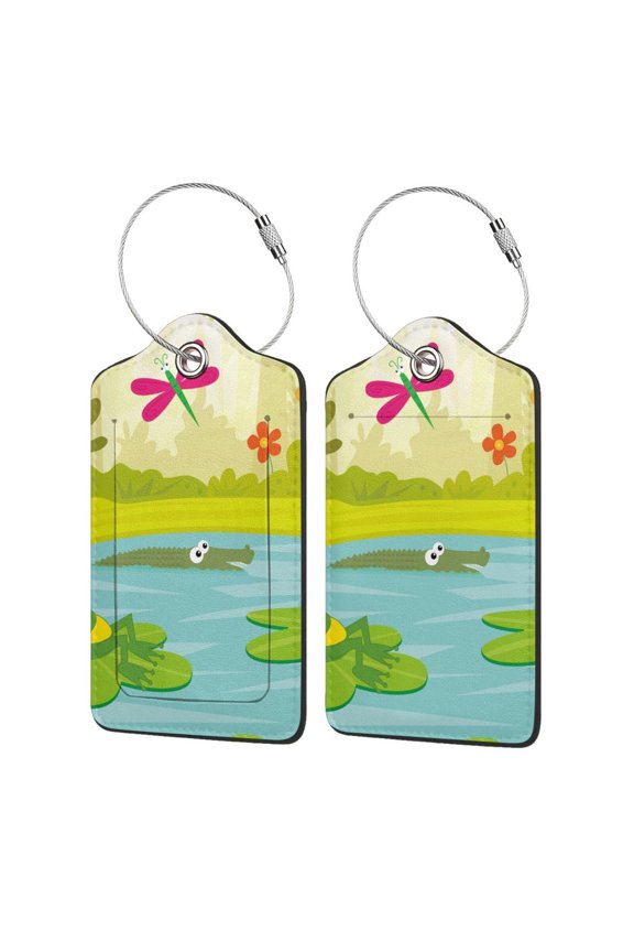 Two Frogs Are Sitting On Water Lilies Luggage Tag for Suitcase Leather Baggage Tag with Stainless Steel Loop Privacy Cover for Women Men Girls-2 PCS