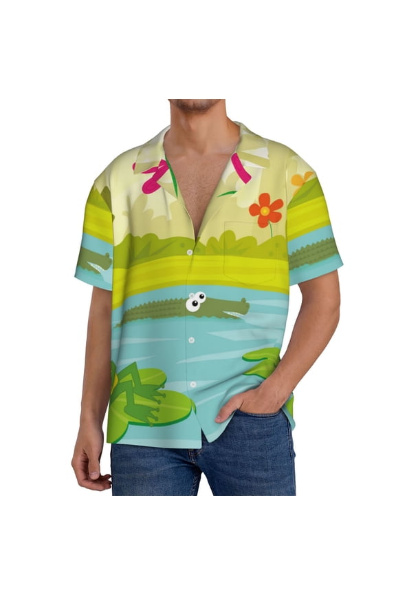 Two Frogs Are Sitting On Water Lilies Men's Loose Fit Cuban Collar Short-Sleeve Shirt, Hawaiian Shirts, Mens Shirts Casual for Everyday Wear Outings-XX-Large