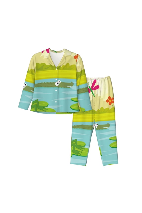 Two Frogs Are Sitting On Water Lilies Pajamas for Women Set, Womens Pajama Sets, Lounge Sets for Women, 2pjs for Women-Medium