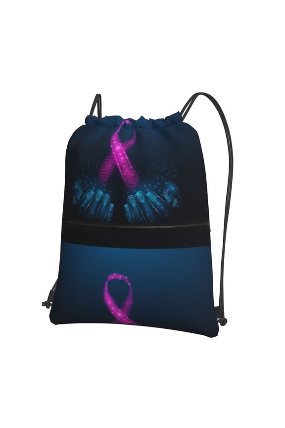Two Human Hands are Holds Ribbon Awareness Drawstring Backpack String Bag Cinch Water Resistant for Gym Shopping Sport Yoga