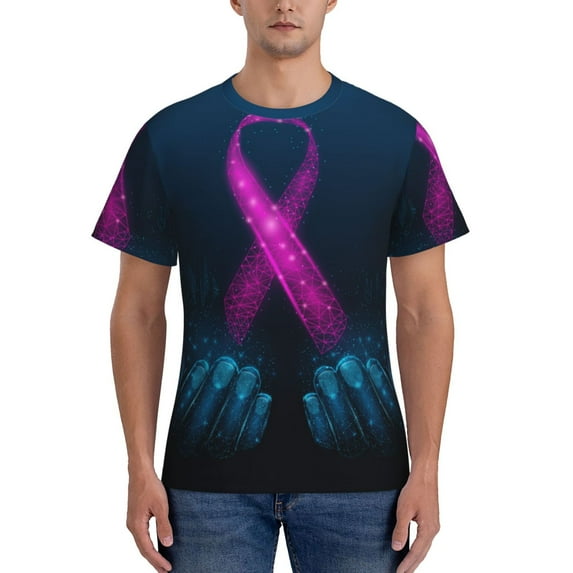 Naloa Two Human Hands are Holds Ribbon Awareness Men's T-Shirt Sport T-shirt Men's Basic Tee Casual Men's Shirt, Round Neck, Short Sleeves - Large