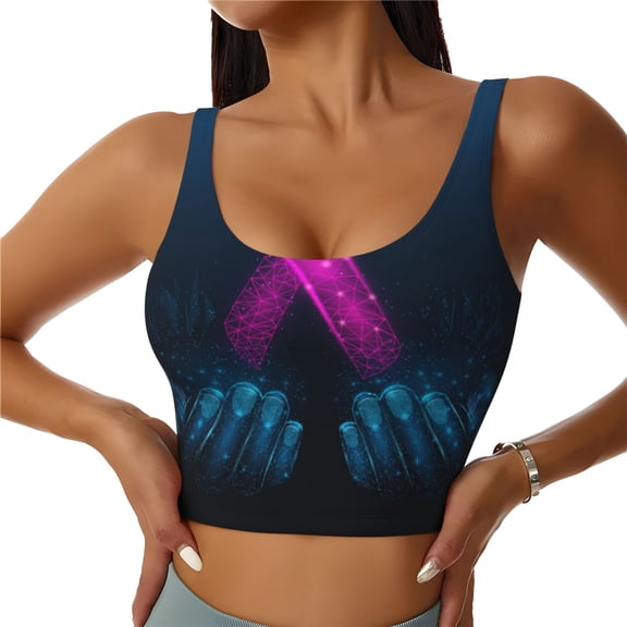 Naloa Two Human Hands are Holds Ribbon Awareness Sports Bras for Women, High Support Bra with Removable Pads, Comfortable - XX-Large