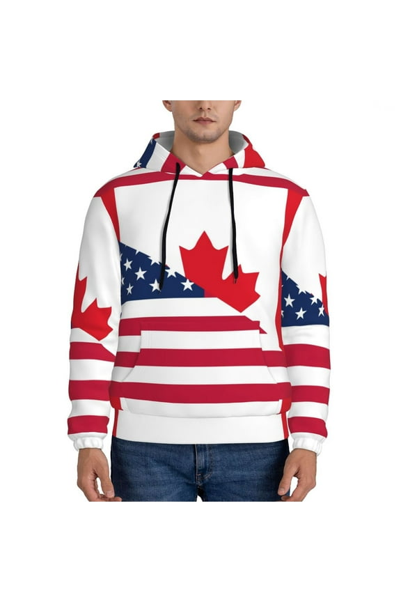 USA Canada Flag Men's Casual Hooded Collar Drawstring Hoodies Pullover Sweatshirts Casual Long Sleeve Shirts-Large
