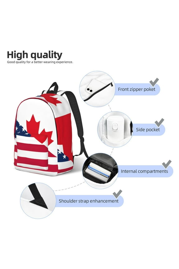 USA Canada Flag Print Durable Canvas College Rucksack,Laptop Excursion Backpack,Travel Notebook School Backpack,Bookbag For Men Women