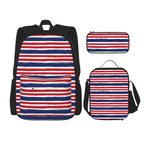 Naloa USA Colors Stripes Print Large Capacity Backpack Lunch Bag Pencil Case Combination 3 Piece Set for Student