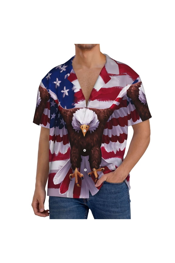 USA Eagle with Spread Wings Men's Loose Fit Cuban Collar Short-Sleeve Shirt, Hawaiian Shirts, Mens Shirts Casual for Everyday Wear Outings-X-Large