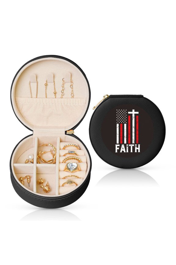 USA Flag Cross Round Jewelry Box, Travel Jewelry Organizer, 3.9 x 3.9 x 2in Jewelry Storage Box for Women-Black