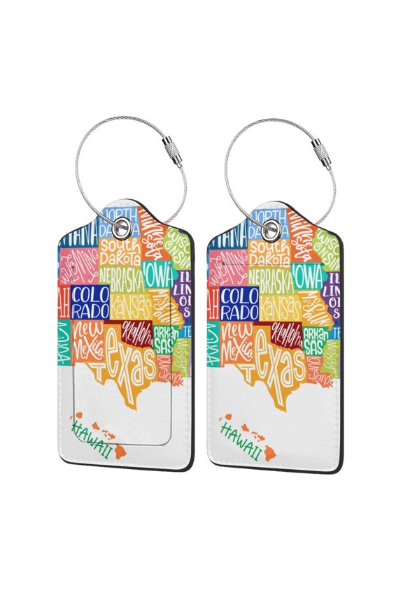 USA MAP Luggage Tag for Suitcase Leather Baggage Tag with Stainless Steel Loop Privacy Cover for Women Men Girls-4 PCS