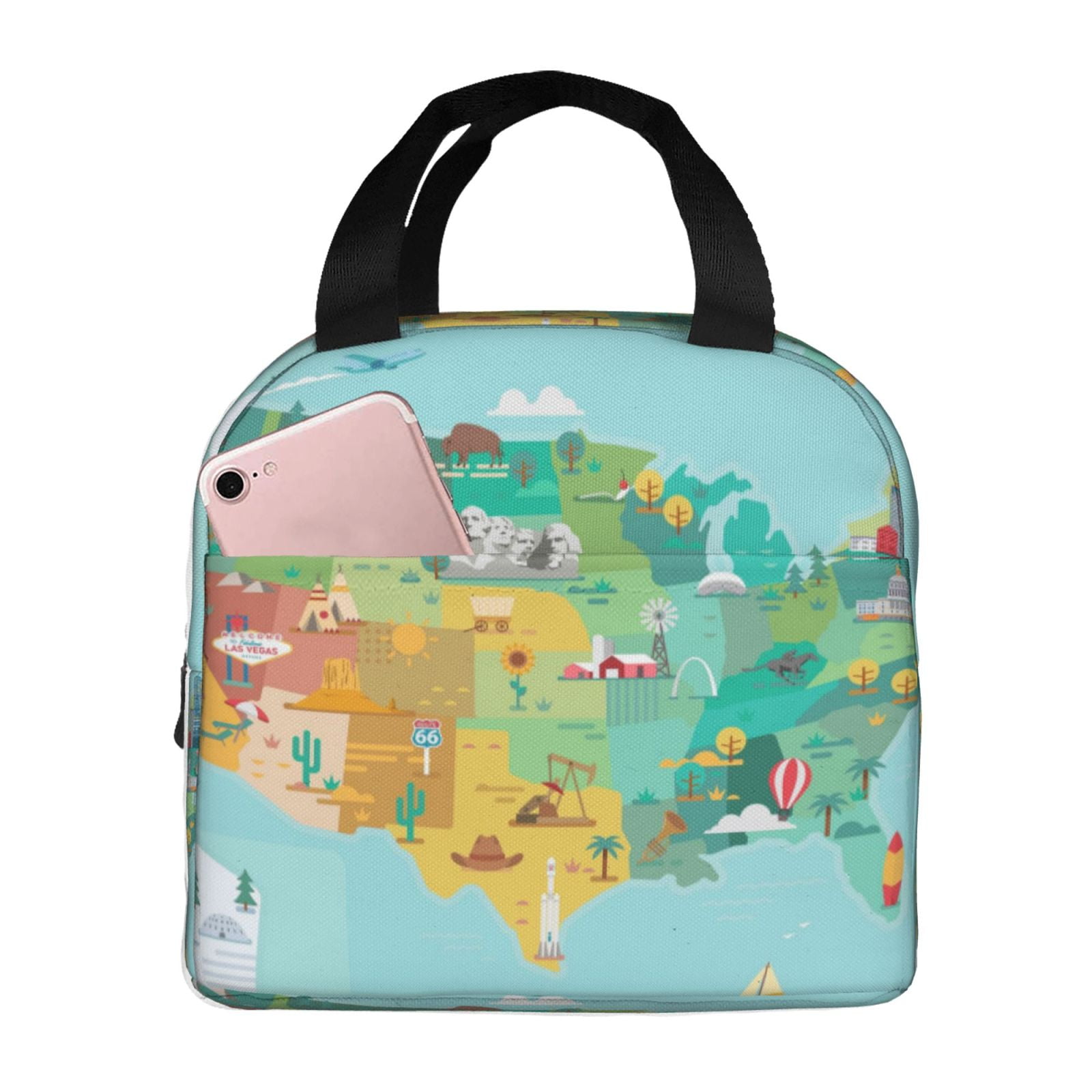 Naloa USA Tourist Map Print Lunch Box for Women Men,Insulated Lunch Bag,Lunchbox,Thermal Leakproof Cooler,Reusable Lunch Tote Bag for Work School Travel Picnic