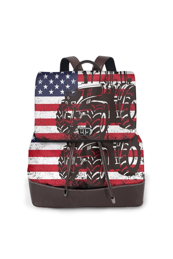 Naloa USA Vintage Flag Tractor Print Leather Backpack Purse for Women and Ladies,Shoulder Travel Daypacks Bags,Laptop Backpack for Women