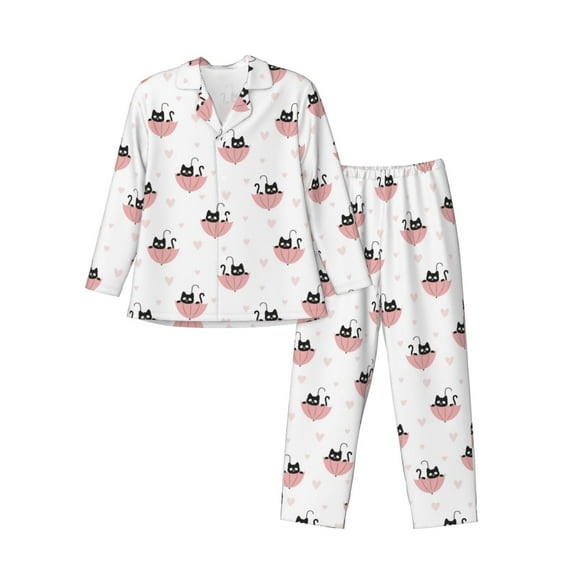 Naloa Umbrella Cat Men’s Pajamas Set - Long Sleeve Button Down Sleep Shirt and Pajama Bottoms Sleepwear Set-X-Large