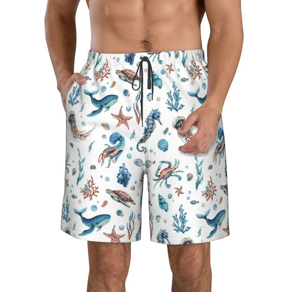 Naloa Undersea Animals Men's Beach Shorts, Surfing shorts, Swim trunks, Quick Dry Swim Trunks for Surfing Beach Fun - Large