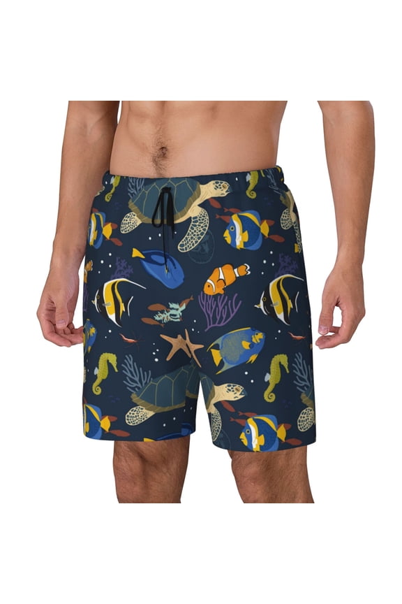 Undersea Animals Print Men Swim Trunks with Compression Liner ,Board Shorts,Men's Swim Shorts with Drawstring and Elastic Waistband-XX-Large