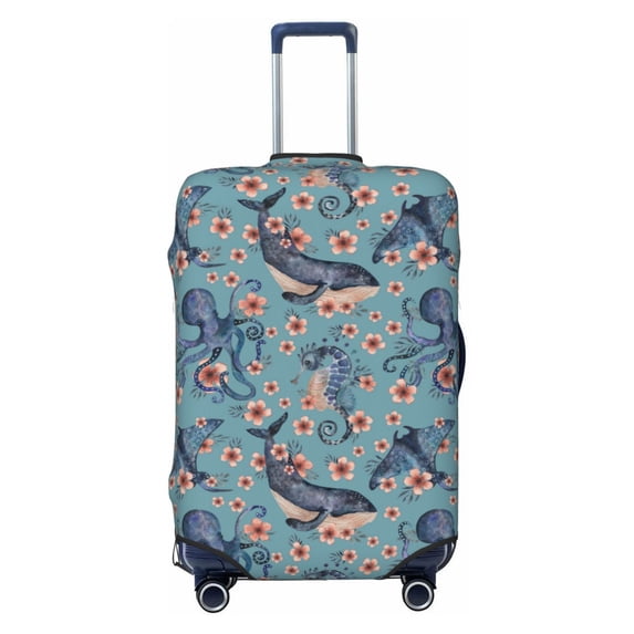 Naloa Underwater Animals and Flowers Elastic Suitcase Protector, Travel Suitcase Protector Cover Fits 18-32in Suitcase - Large