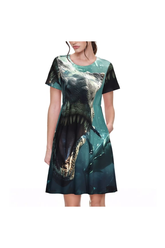 Underwater Dinosaur Shark Print Womens Summer A-Line Dress with Pockets,Short Sleeve Dresses,Flowy Beach Swing Dress for Vacation Travel