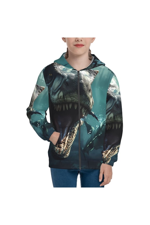 Underwater Dinosaur Shark Teenage Zipper Hoodie, Long Sleeve Zip Up Hoodies Casual Jackets Tops for 7-12 Years-