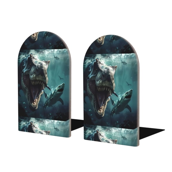 Naloa Underwater Dinosaur Shark Wood Non-Skid Bookend for Shelves,Book Ends for Heavy Books, Book Stand for CDs,1 Pair