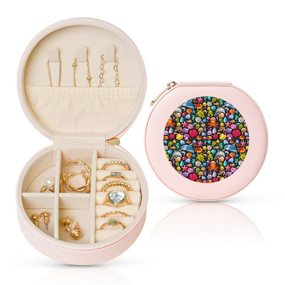 Naloa Underwater Diving Animals Round Jewelry Box, Travel Jewelry Organizer, 3.9 x 3.9 x 2in Jewelry Storage Box for Women-Pink