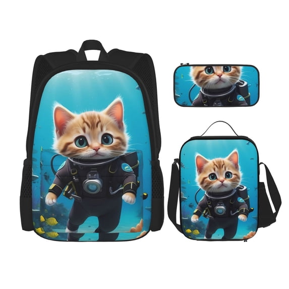 Naloa Underwater Diving Cat Print Large Capacity Backpack Lunch Bag Pencil Case Combination 3 Piece Set for Student