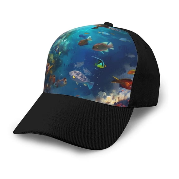 Naloa Underwater Fish Turtle Adult adjustable Print Baseball Hat, Patchwork curved brim baseball capfor Men and Women, One Size