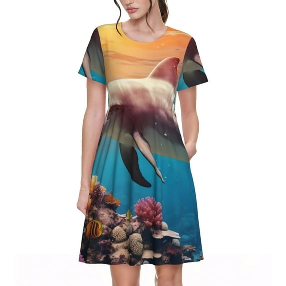 Naloa Underwater Plant Dolphin Print Womens Summer A-Line Dress with Pockets,Short Sleeve Dresses,Flowy Beach Swing Dress for Vacation Travel