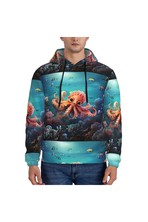 Underwater Plant Octopus Men's Casual Hooded Collar Drawstring Hoodies Pullover Sweatshirts Casual Long Sleeve Shirts-Large