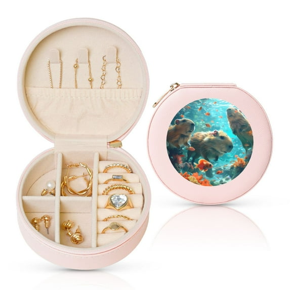 Naloa Underwater Swimming Guinea Pig Round Jewelry Box, Travel Jewelry Organizer, 3.9 x 3.9 x 2in Jewelry Storage Box for Women-Pink