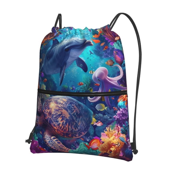 Naloa Underwater Turtle Dolphin Octopus Drawstring Backpack String Bag Cinch Water Resistant for Gym Shopping Sport Yoga