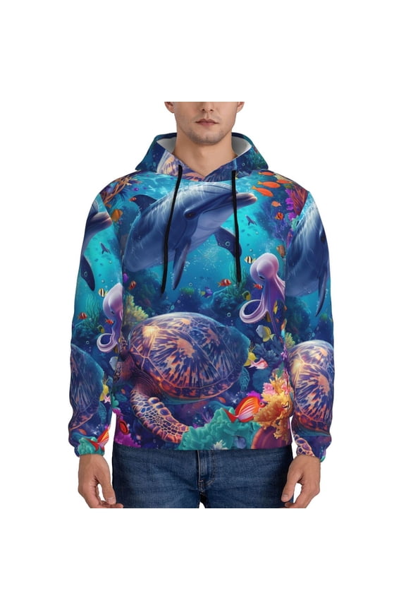 Underwater Turtle Dolphin Octopus Men's Casual Hooded Collar Drawstring Hoodies Pullover Sweatshirts Casual Long Sleeve Shirts-Large