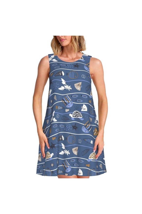 Underwater World Animals Print Women's Summer Spring Casual Beach Sundress,Vacation Sleeveless Tank Crewneck Loose Dresses
