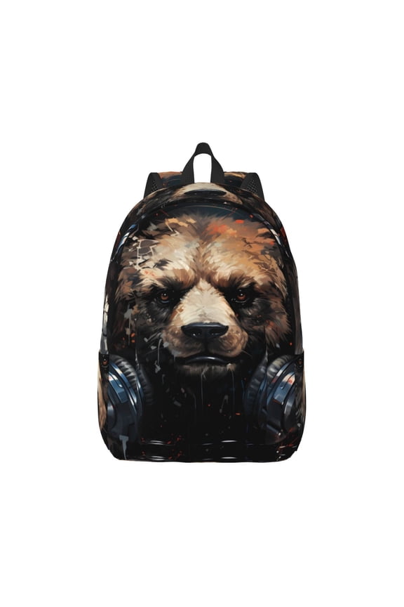 Urban Bear With Headphones Canvas Backpack for Men Women Rucksack Casual Travel Daypack College Tote Satchel Bookbag for Teens-Medium