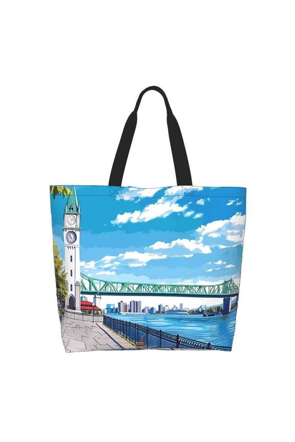 Urban Riverside Clock Tower Tote Bag for Women Large Capacity Shoulder Bag for College Work Travel Shopping