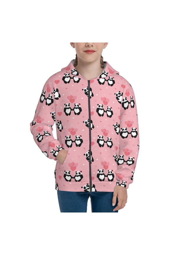 Valentine'S Day Panda Teenage Zipper Hoodie, Long Sleeve Zip Up Hoodies Casual Jackets Tops for 7-12 Years-Medium
