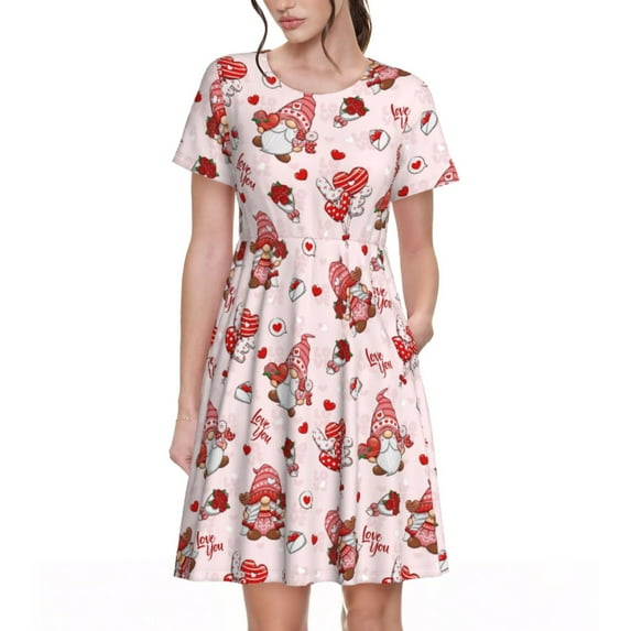 Naloa Valentine's Day gnome Print Womens Summer A-Line Dress with Pockets,Short Sleeve Dresses,Flowy Beach Swing Dress for Vacation Travel