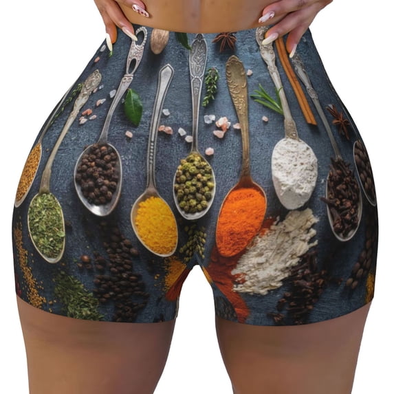 Naloa Various Herbs And Spices In Spoons Biker Shorts for Women Seamless Scrunch Short Women’s Yoga Shorts for Gym Running Sport Shorts - Small