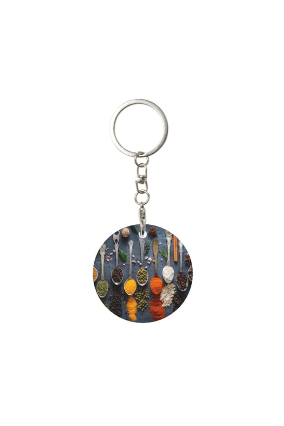 Various Herbs And Spices In Spoons Print Round Keychain Keychain Key Ring, Key Tag, Key Chain Bulk for Gift Accessories (Round)