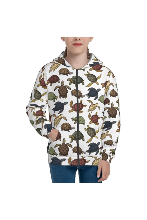 Various Turtle Teenage Zipper Hoodie, Long Sleeve Zip Up Hoodies Casual Jackets Tops for 7-12 Years-Small