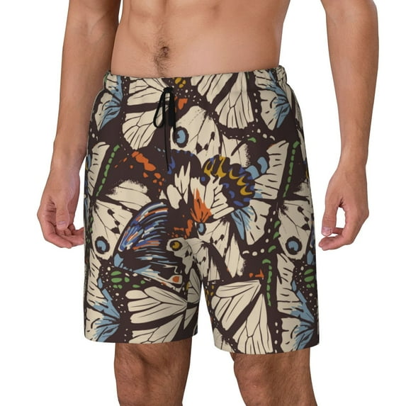 Naloa Vector Butterflies Print Men Swim Trunks with Compression Liner ,Board Shorts,Men's Swim Shorts with Drawstring and Elastic Waistband-Large
