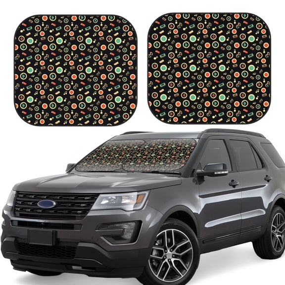 Naloa Vector Retro Music Print 2-Piece Windshield Sunshade,Foldable Car Front Window Sun Shades,for Most Sedans SUV Truck-Large