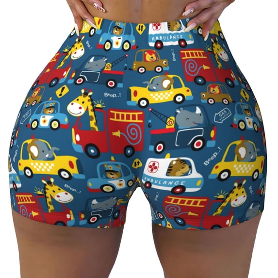 Naloa Vehicles Cartoon with Funny Drivers,Animal Drivers Biker Shorts for Women Seamless Scrunch Short Women’s Yoga Shorts for Gym Running Sport Shorts - Large