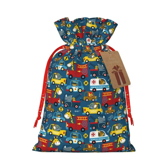 Naloa Vehicles Cartoon with Funny Drivers,Animal Drivers Drawstring Christmas Bags, 3D Xmas Gift Bags, Christmas Wrapping Bags, Xmas Goodie Bags, Treat Pouch Bags, Party Favor Bags-Small