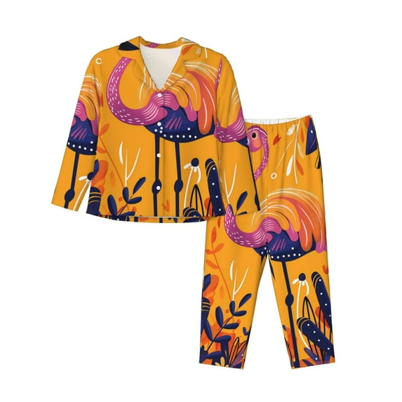 Naloa Vibrant Flamingo Illustration Pajamas for Women Set, Womens Pajama Sets, Lounge Sets for Women, 2pjs for Women-Large