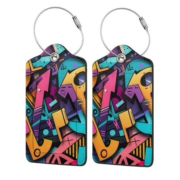 Naloa Vibrant Graffiti Urban Art Luggage Tag for Suitcase Leather Baggage Tag with Stainless Steel Loop Privacy Cover for Women Men Girls-2 PCS