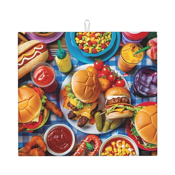 Naloa Vibrant Picnic Food Spread Dish Drying Mat for Kitchen Counter, Heat Resistant Drainer Mats, Absorbent Draining Mat,Dish Rack Pad,16"x18"